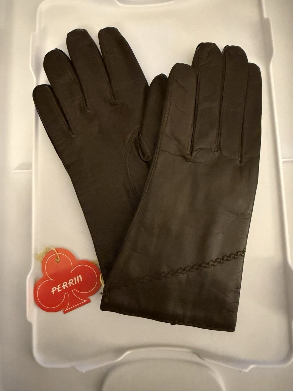 VTG Perrin Dark Brown Leather Wool Cotton Lined Gloves 7.5